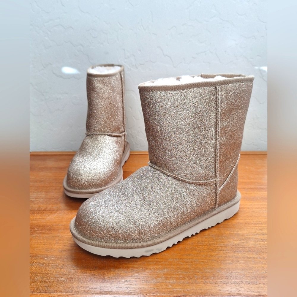 UGG Shearling Tall Boots Glitter Blush Pink Rose Gold Kids Womens NEW EU37